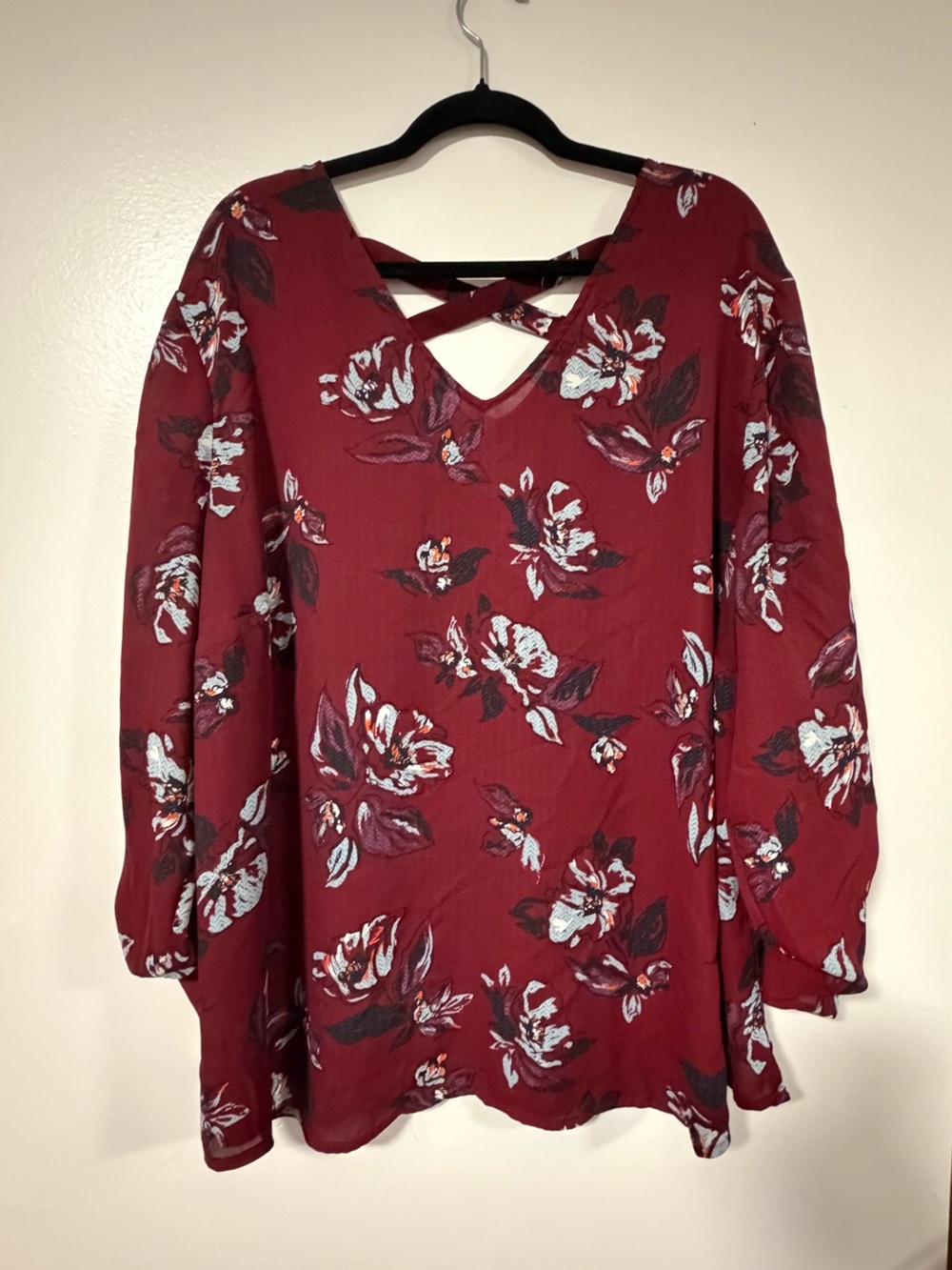 Maurices Burgundy Floral Crisscross V-Neck Tunic Top